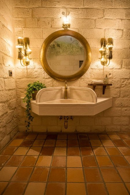 مغسلة حجر تراثية – ركن وضوء مع مراية دائرية